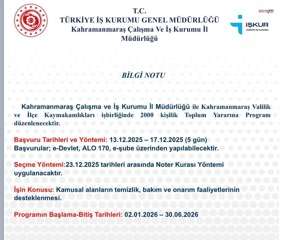 Kahramanmarasta Kamusal Alanlarda Calisacak 2000 Kisi Alinacak 1