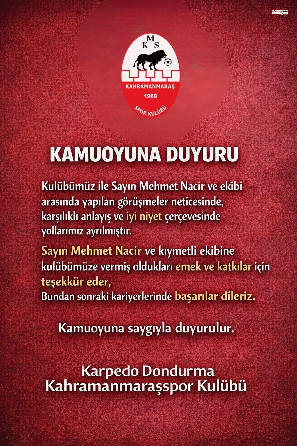 Kahramanmarassporda Teknik Direktor Mehmet Nacir