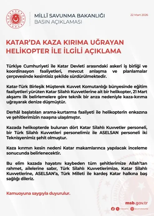 Katar’da askeri helikopter kazası: 3 Türk personel şehit