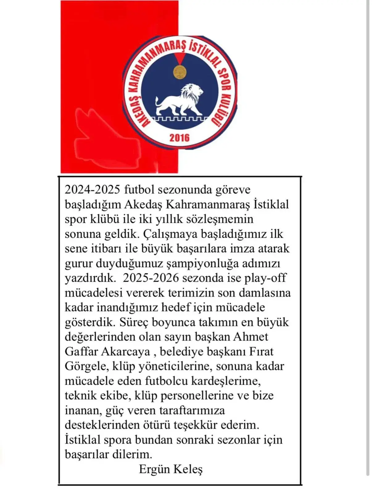 Kahramanmaraş İstiklalspor'da Flaş Ayrılık! (1)
